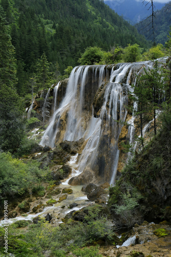 view of colorful lake and waterfall in jiuzhaigou national park  Sichuan  china