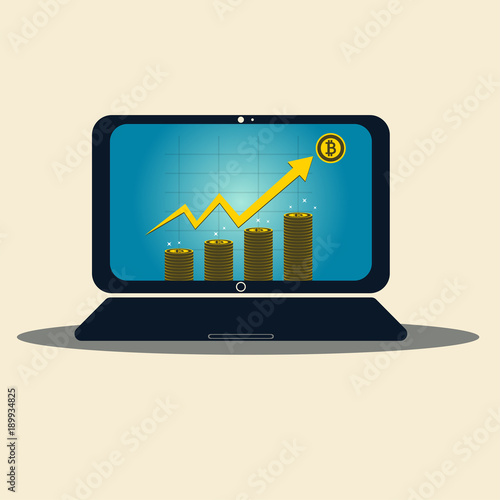 Business laptop concept symbol on-screen. Bitcoin gold icon for rowth chart on medal bitcoin background. photo