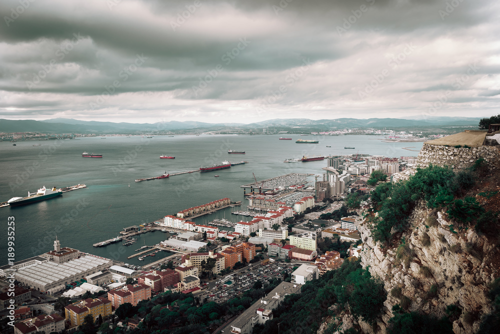 Dramatic aerial view on city and bay of Gibraltar