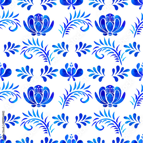 Seamless pattern with watercolor blue flowers, leafs on white background