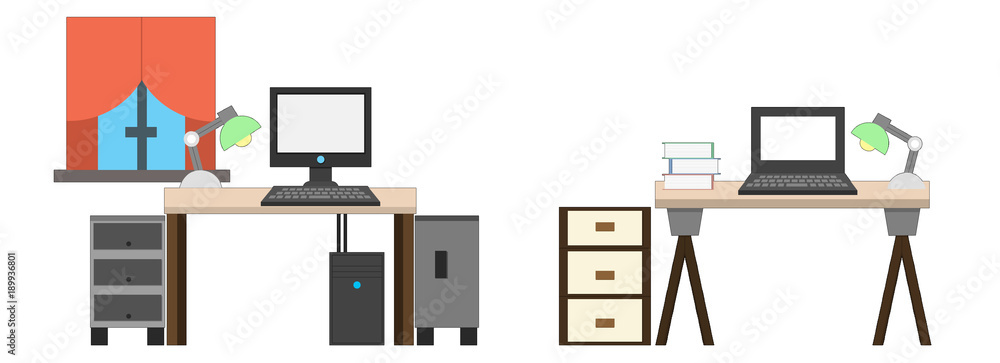 Table icons. Workplace, Desks, Office and Home Job. Flat colored raster illustration on white background