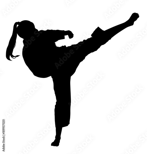 Karate woman fighter in kimono, vector silhouette illustration. Japan traditional martial art. Girl in self-defense presentation. In healthy body healthy mind. Karate mom.