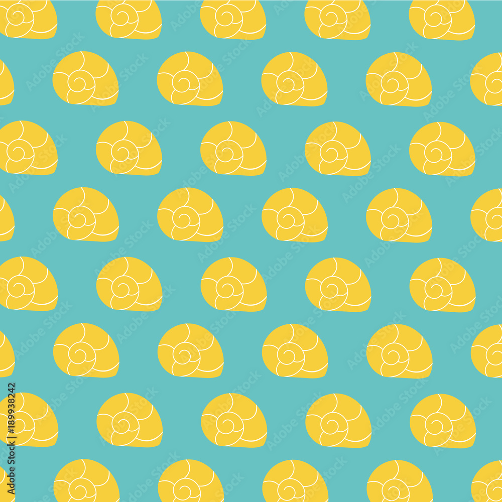 Blue background of conches on yellow, vector, illustration