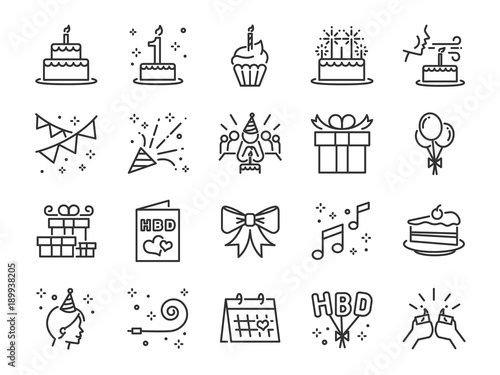Happy Birthday Party line icon set. Included the icons as celebration, anniversary, party, congratulation, cake, gift, decoration and more.