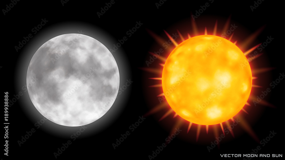 Fototapeta premium Wektor realistyczny księżyc i słońce z efektem blasku na ciemnym tle.