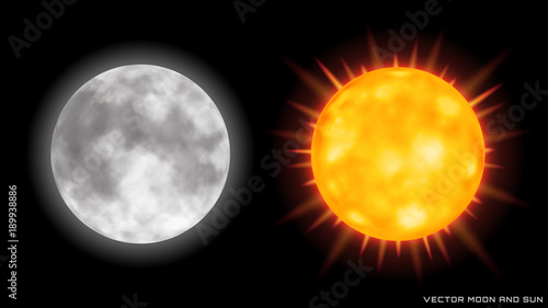 Vector realistic moon and sun with glow effect on dark background.