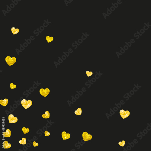 Valentines day sale with gold glitter hearts. February 14th day. Vector confetti for valentines day sale template. Grunge hand drawn texture. Love theme for party invite, retail offer and ad.