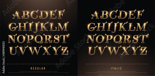 Set of Elegant Gold Colored Metal Chrome alphabet uppercase font. Typography classic style golden font set for logo, Poster, Invitation. vector illustrator