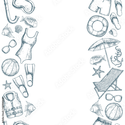 Seamless vertical borders of beach summer holidays accessories, sketch cartoon illustration. Vector