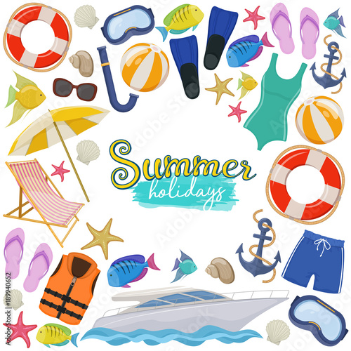 Set of beach summer holidays accessories, cartoon illustration. Vector