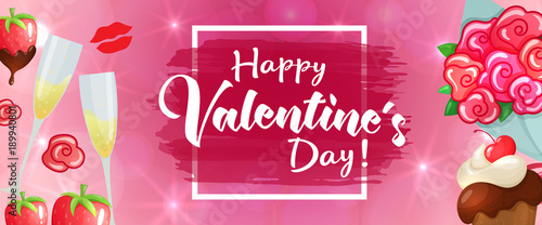 Valentines day sale horizontal banner for flyers, invitation, posters, brochure, voucher. Background with Valentines icon set pattern. Cartoon illustration. Vector