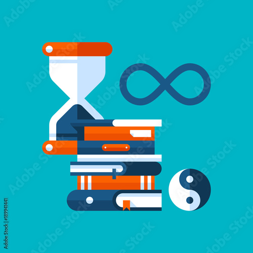 Colorful illustration about philosophy in modern flat style. College subject icon on cyan background. Hourglass, books, philosophical symbols.