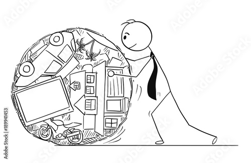 Cartoon stick man drawing conceptual illustration of businessman or man pushing or rolling his live expenses like loan and mortgage or life.