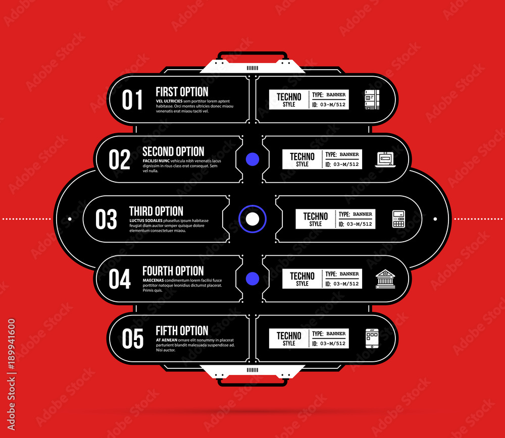 Hi-tech template with five options in black and red techno style on flat vibrant background Hi-tech template with five options in black and red techno style on flat vibrant background