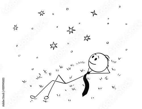 Cartoon stick man drawing conceptual illustration of businessman lying on grass and watching night sky with stars. Business concept of dream and relaxation.