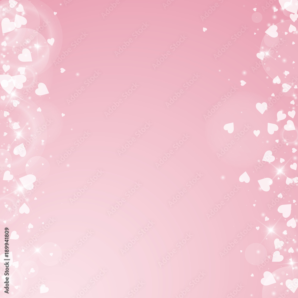 Falling hearts valentine background. Messy border on pink background. Falling hearts valentines day alive design. Vector illustration.