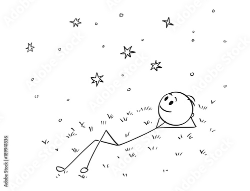 Cartoon stick figure drawing conceptual illustration of man or boy lying on grass and watching night sky with stars. Concept of dream and relaxation.