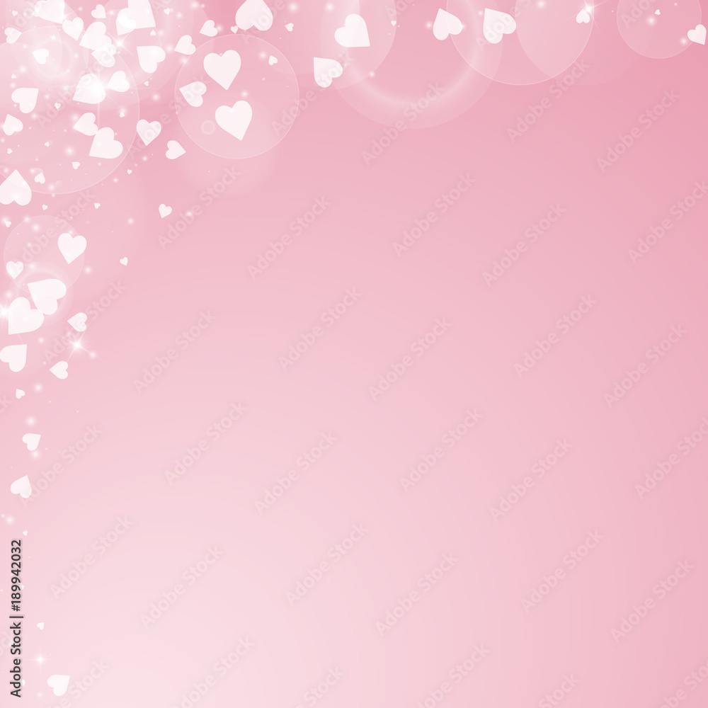 Falling hearts valentine background. Abstract left top corner on pink background. Falling hearts valentines day extra design. Vector illustration.
