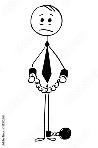 Cartoon stick man drawing conceptual illustration of criminal businessman with handcuffs.