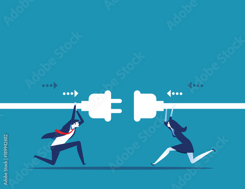 Connection. Business people hold plug and outlet in hand. Concept business vector illustration.