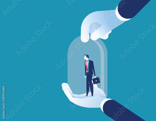 Customer retention. Manager holding a client in hand cover covers a glass bulb. Concept business vector illustration.