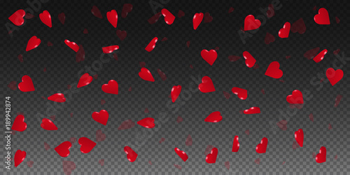 3d hearts valentine background. Wide scatter on transparent grid dark background. 3d hearts valentines day fancy design. Vector illustration.