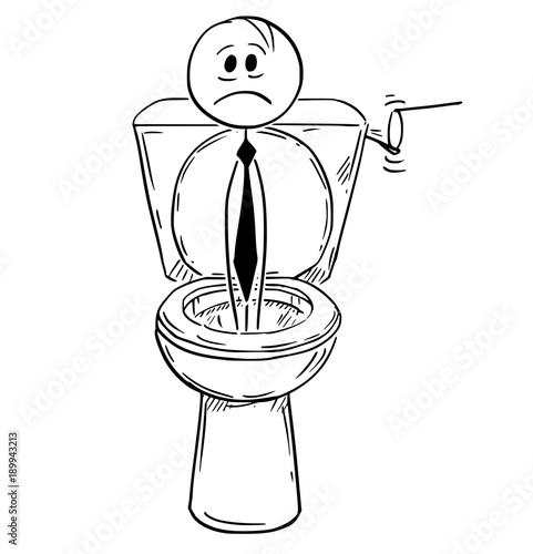 Cartoon stick man drawing conceptual illustration of businessman who lost his career flushed in to toilet. Concept of career break.