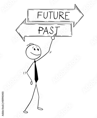 Cartoon stick man drawing conceptual illustration of businessman writing text on two decision arrow future and past text sign.