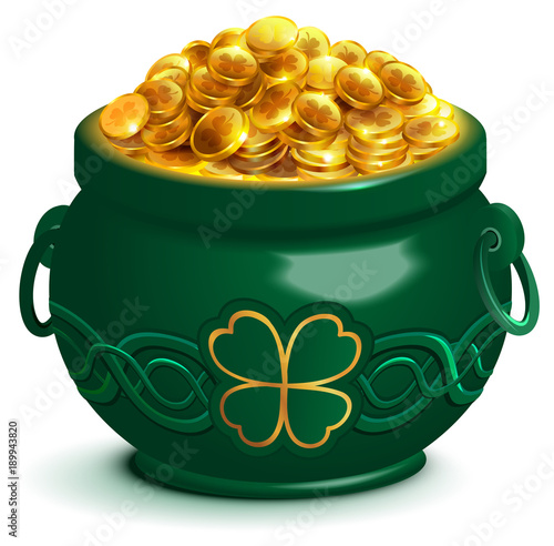 Green full pot with gold coins. Pot with four leaf clover symbol of Patricks Day