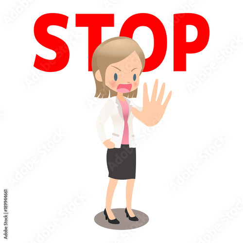 STOPを促すスーツ姿の若い女性会社員