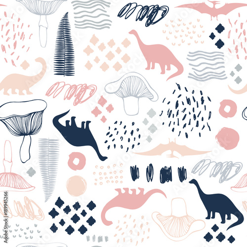 Fototapeta Wzór z dinozaurami kreskówek. Do dekoracji kart, przyjęć, banerów i pokoju dziecięcego.