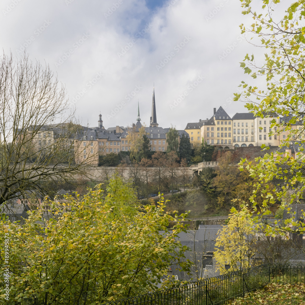 Detail of famous Luxembourg city sky line in cold cloudy day in November, Luxembourg.