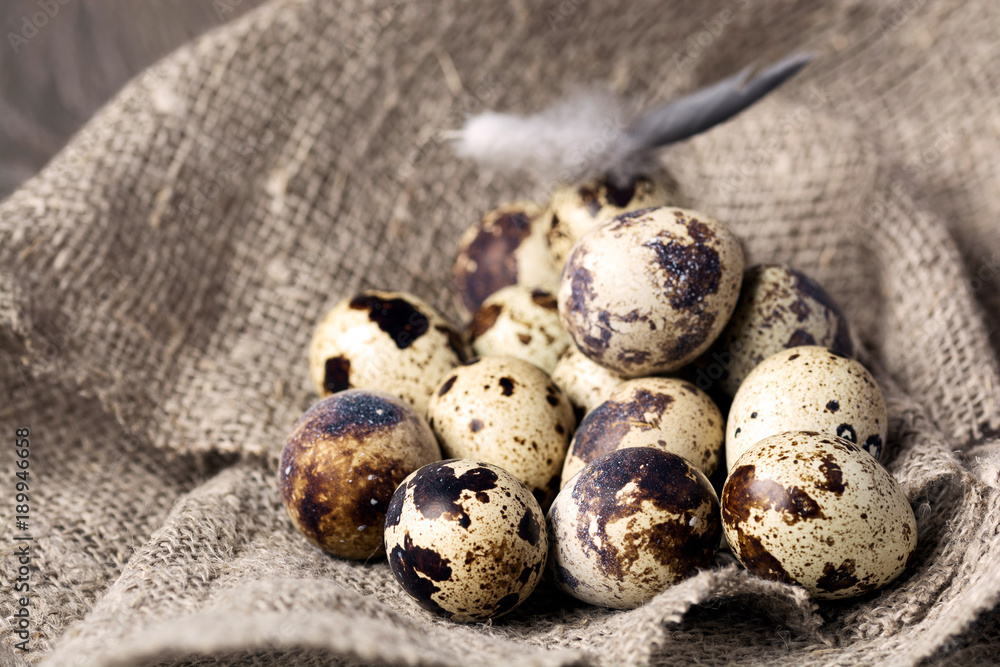 Quail eggs in a nest on a rustic wooden background. Healthy food concept. Quail eggs in a nest on a rustic wooden background. Healthy food concept.