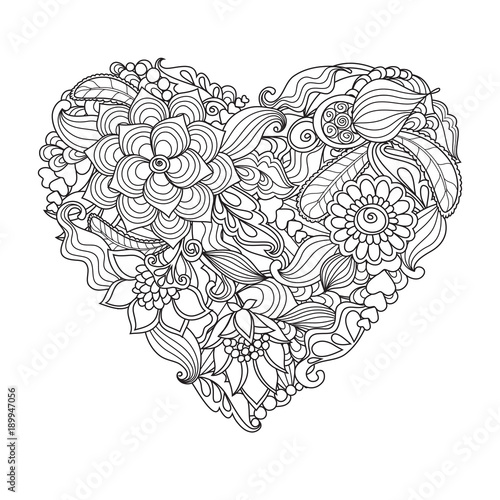 The  drawn   heart with flowers and plants for Valentine's Day or weddings