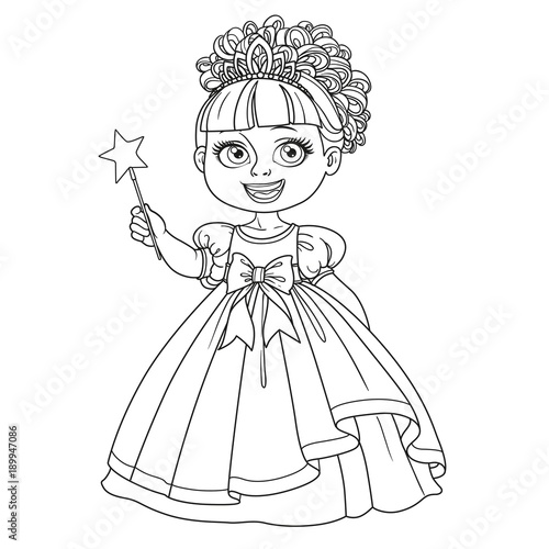 Cute little princess in ball dress and tiara holding magic wand outlined isolated on white background