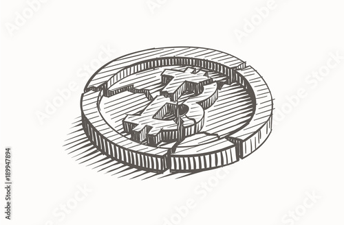 Broken Bitcoin coin, hand drawn, vector. 