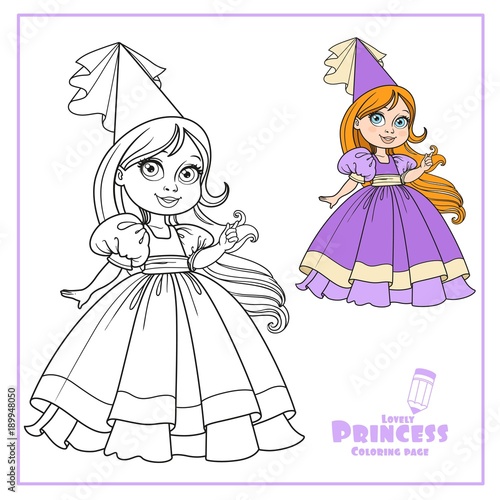 Little princess in a ball dress with long hair outlined isolated on a white background