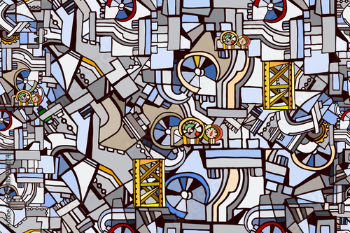 Vector seamless pattern with decorative industrial or machine elements. Abstract technical background. Hand drawn.