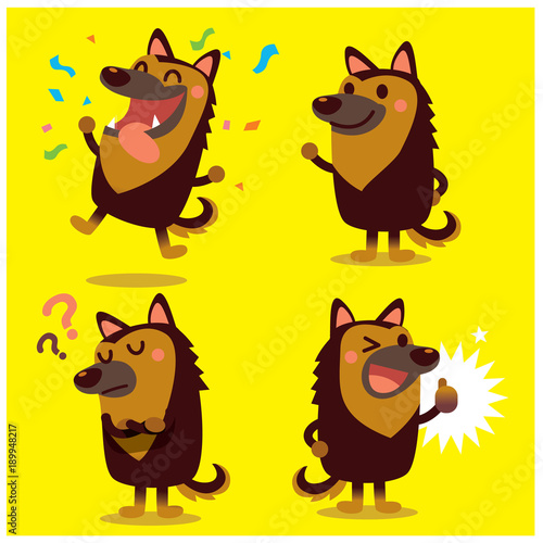 Vector set of cute german shepherd dog in different actions, emotions isolated on yellow background.
