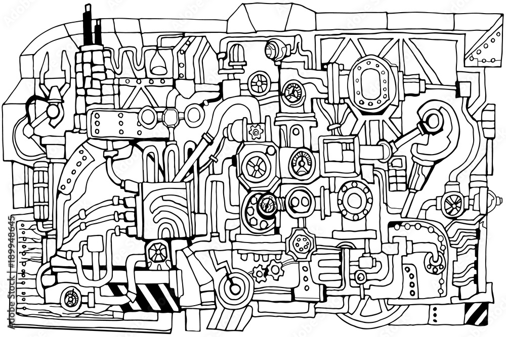 Vector abstract industry black and white background. Technology or factory illustration with decorative industrial sketch elements. Vintage linear style concept. Hand drawn.