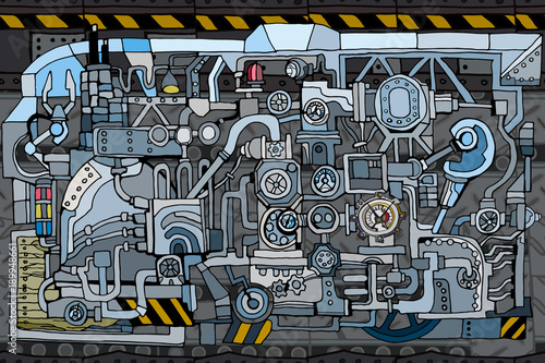 Vector seamless pattern with abstract industry or steampunk background. Fantasy technology or factory illustration with decorative machine sketch elements. Hand drawn.