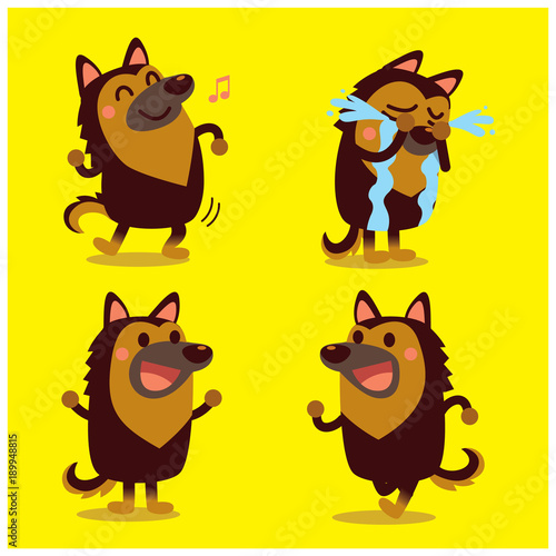 Vector set of cute german shepherd dog in different actions, emotions isolated on yellow background.