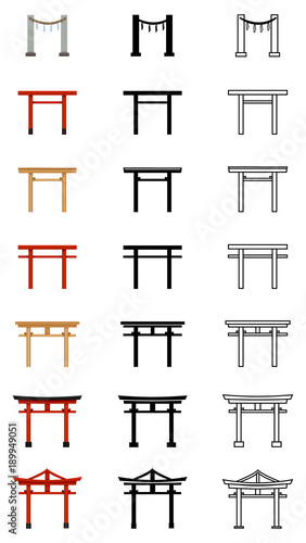 Vector Big Set of Silhouette, Line and Color Flat Torii Gate Icons.