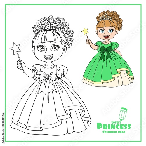 Cute little princess in ball dress and tiara holding magic wand color and outlined isolated on white background