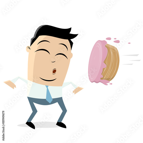 cake flying into face of a businessman