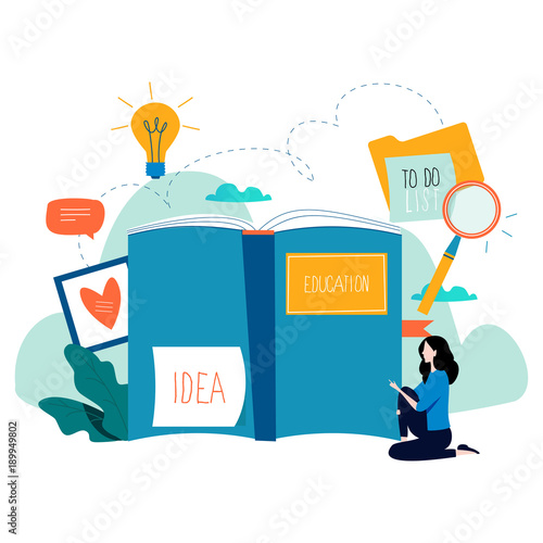Education, online training courses, distance education flat vector illustration. Internet studying, online book, tutorials, e-learning, online education design for mobile and web graphics