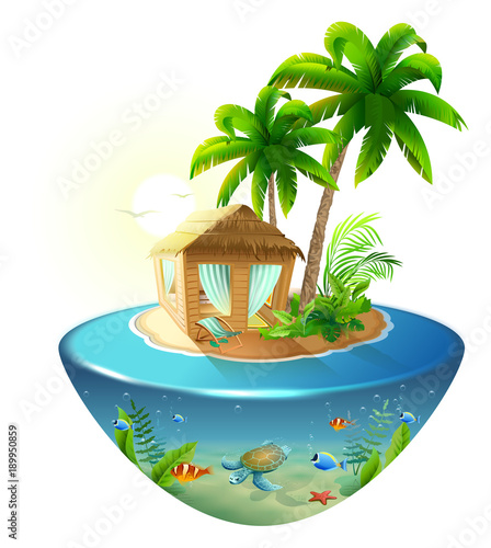 Bungalow under palm tree on tropical island