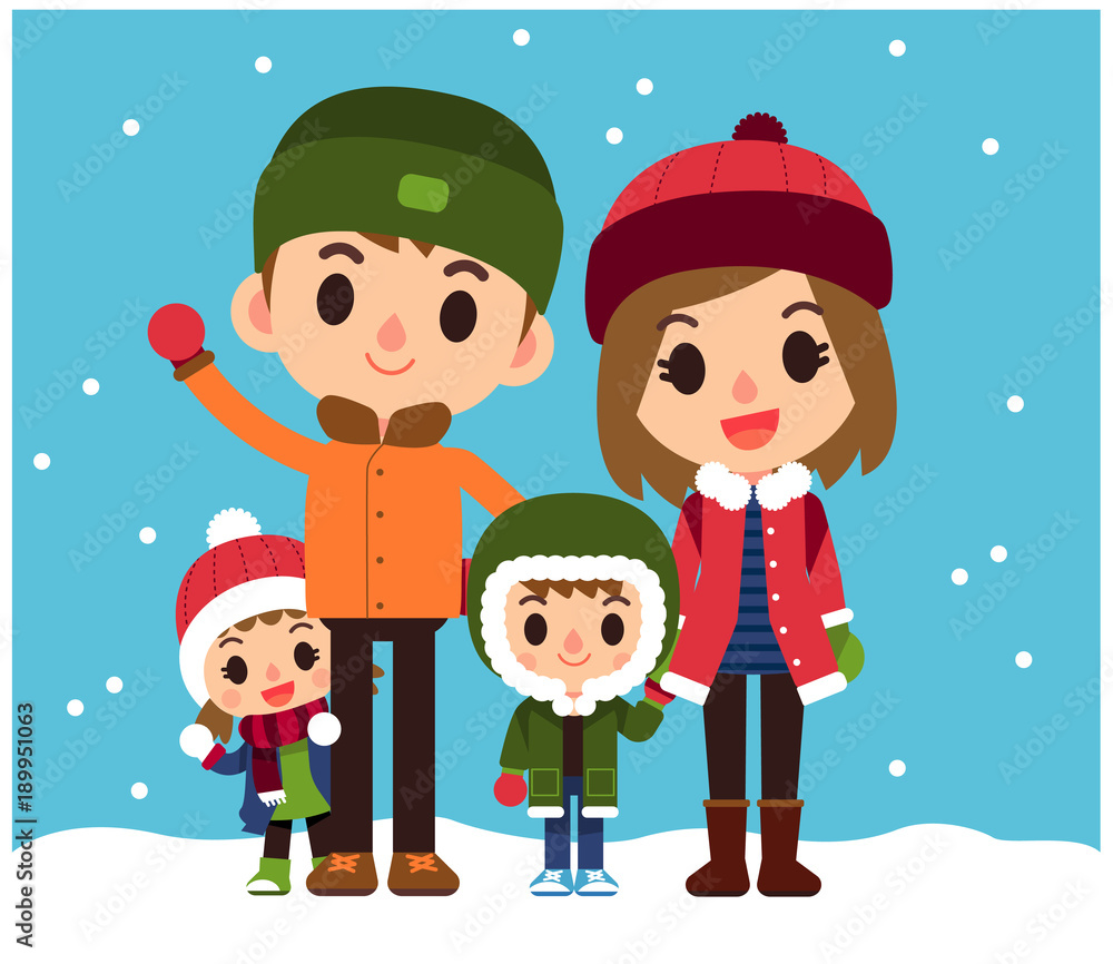 Vector illustration of young cute happy family characters wearing sweater, coat, winter jacket isolated on white background. Vector illustration of young cute happy family characters wearing sweater, coat, winter jacket isolated on white background.