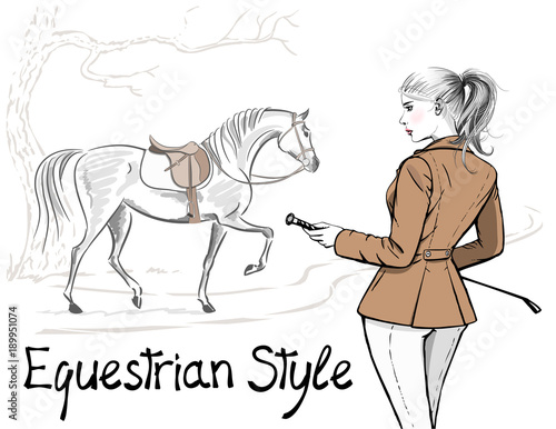 Beautiful fashion woman with english equestrian sport hunting style jacket and horse with saddle. Rider girl and tree hand drawing art. Vector illustration stylish lady model with whip and hair tail