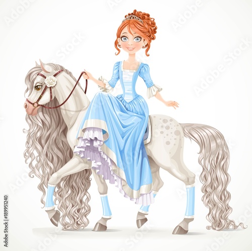 Cute brunette princess on a white horse with a long mane isolated on a white background